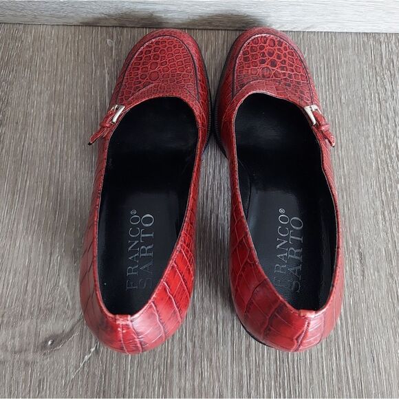 Vintage Franco Sarto Red Leather Alligator Print  Chunky Heel Pump Size 7.5 - Picture 7 of 11